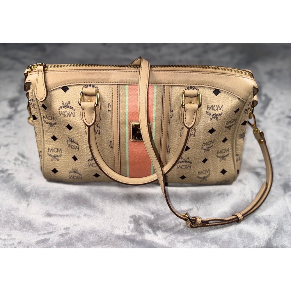 MCM Visetos Monogram Satchel‎ Bag Beige Pink Green Stripe Crossbody Handbag